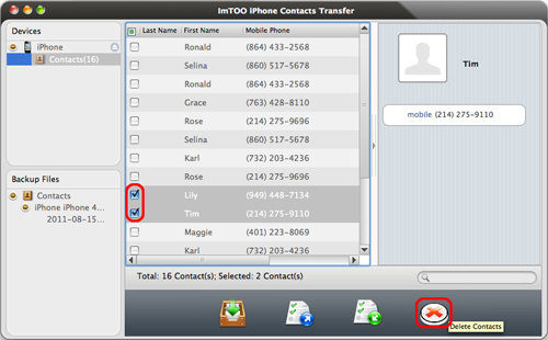 ImTOO iPhone Contacts Transfer for Mac Guide - Delete contacts